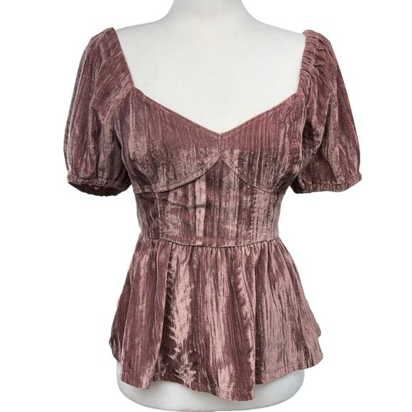 Romantic Peplum Velvet Fitted Top Puff Sleeve Plum Size XS Sweetheart Neck Fairy - Picture 1 of 7